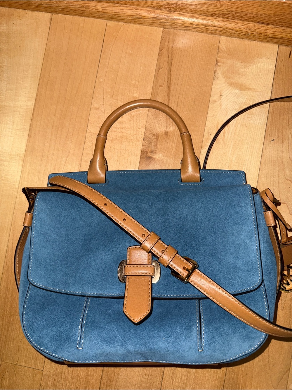 Michael Kors Romy Blue Suede Satchel with Tan Leather Trim and Strap - Picture 6 of 8